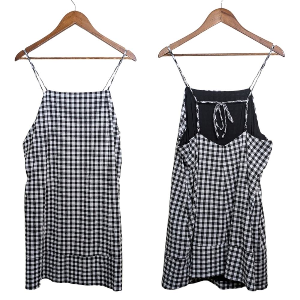 Anthropologie Apron Mini Dress Large Black White Gingham Plaid Preppy Academia